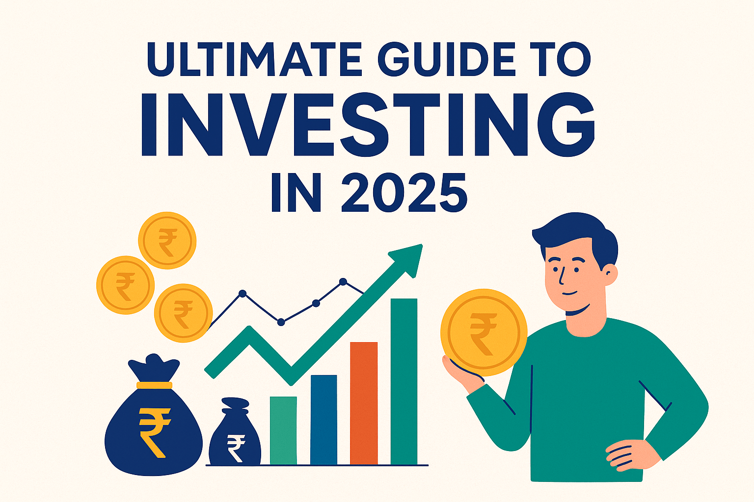 Illustration for Ultimate Guide to Investing in 2025 showing stocks, mutual funds, SIPs, ETFs, and portfolio planning concepts
