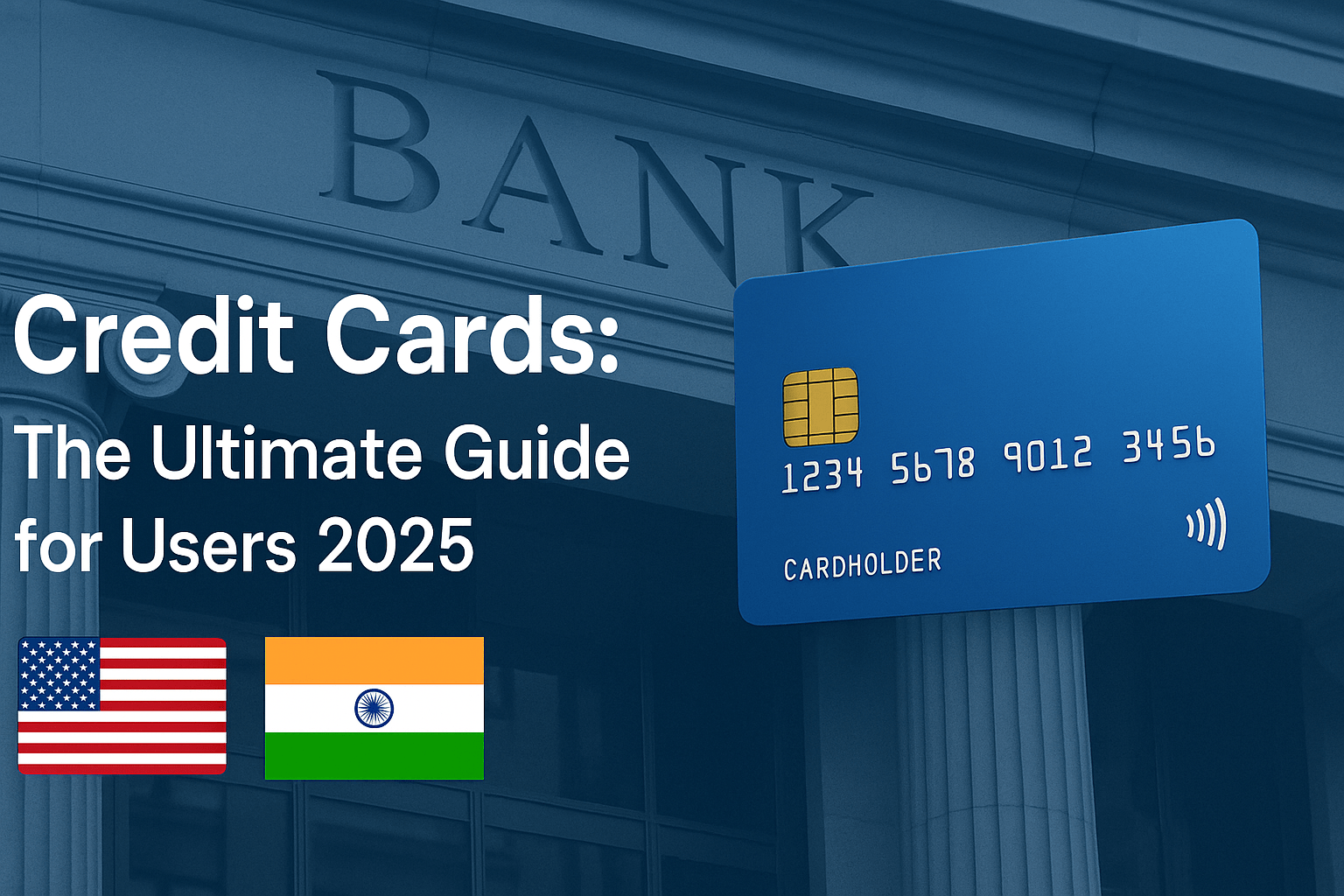 A professional digital graphic titled "Credit Cards: The Ultimate Guide for Users 2025" featuring a bank building, credit cards, and the flags of India and the USA, symbolizing global credit card usage and financial guidance. The image is sized 1200x628 pixels for use as a featured blog post image.