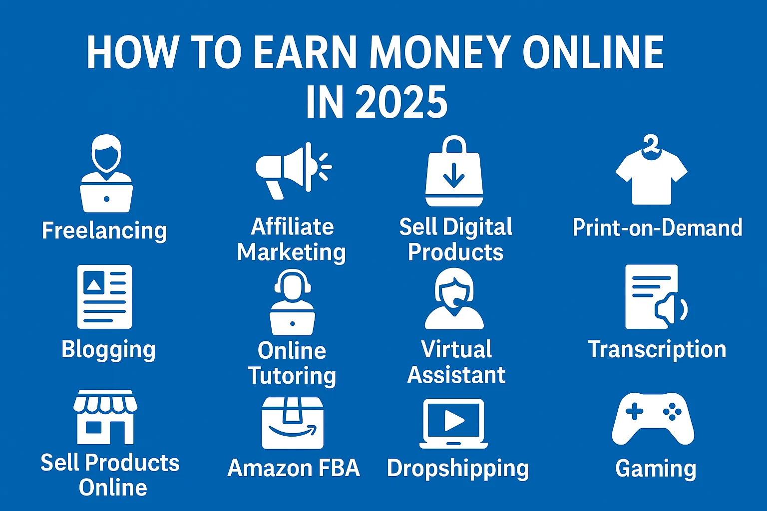 Infographic titled 'How to Earn Money Online in 2025' featuring 13 income methods with icons, including freelancing, affiliate marketing, blogging, digital products, print-on-demand, tutoring, transcription, virtual assistant, Amazon FBA, dropshipping, YouTube, gaming, and selling products online.