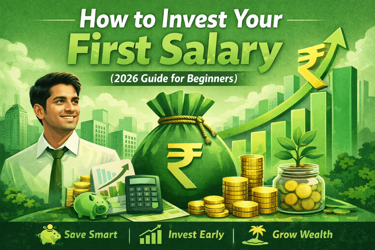Young professional investing first salary in mutual funds with SIP strategy and rupee growth chart in green finance theme