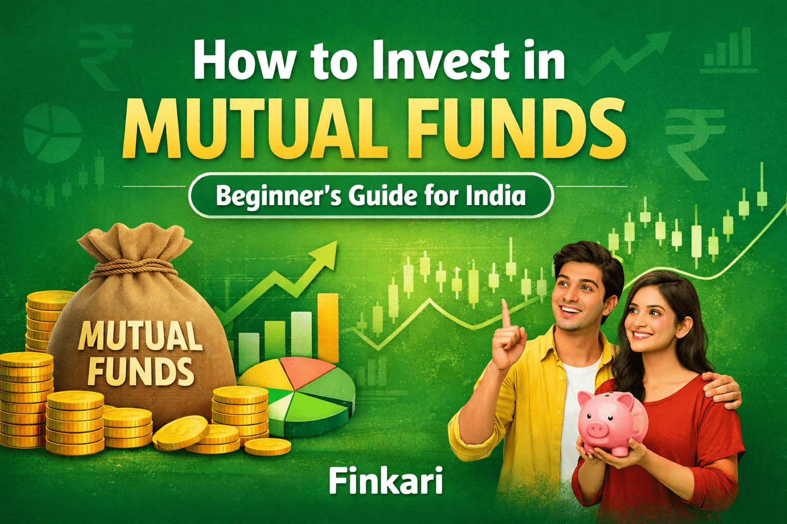 How to invest in mutual funds in India – beginner guide illustration showing SIP investing, growth charts and wealth building